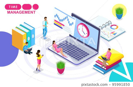 Isometric Concept of time management. Isometric people in motion, drawing up a work plan, hours. Concepts for web banners and printed materials Isometric Concept of time management. Isometric people in motion, drawing up a work plan, hours. Concepts for web banners and printed materials 95991850