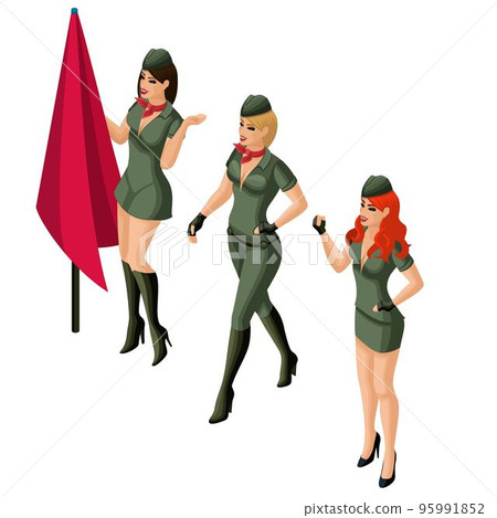 Isometric girl, 3D sexy girl in military uniform, blonde, brunette, redhead. Excellent figure of bright make-up, characters on February 23 95991852