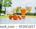 Orange juice and orange halves on the natural background. 95991857