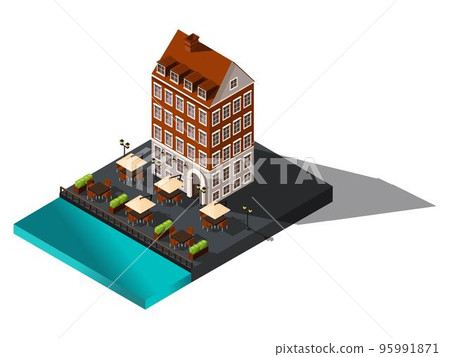 Isometric icon, 3d old house by the sea, hotel, restaurant, Denmark, Copenhagen, Paris, historical city center, old building for vector illustrations 95991871