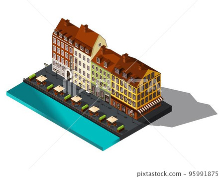 Isometric icon, 3d street from old dov by the sea, hotel, restaurant, Denmark, Copenhagen, Paris, the historic center of the city, old buildings Isometric icon, 3d street from old dov by the sea, hotel, restaurant, Denmark, Copenhagen, Paris, the historic center of the city, old buildings 95991875