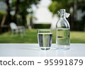 A glass of clean drinking water and a water bottle. 95991879