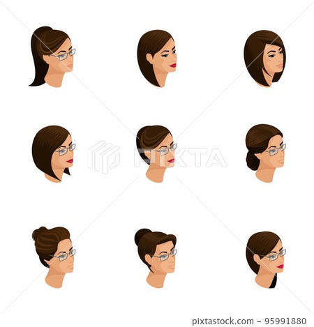 Isometric icons of head hairstyles, 3D faces, eyes, lips, female emotions. Qualitati isometry of people for vector illustrations Isometric icons of head hairstyles, 3D faces, eyes, lips, female emotions. Qualitati isometry of people for vector illustrations 95991880