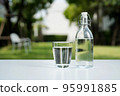 A glass of clean drinking water and a water bottle. 95991885