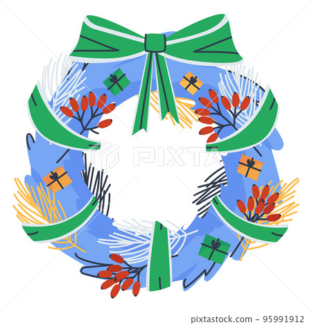 Original blue spruce wreath. Decoration for Christmas. Decorated with green lena with gift boxes, colorful eyelids and red berries. Flat vector illustration, eps10. Vector illustration 95991912