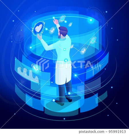 Isometric doctor works on a virtual screen, monitors, set 1, remote controls medical devices for life support. High tech. Back view Isometric doctor works on a virtual screen, monitors, set 1, remote controls medical devices for life support. High tech. Back view 95991913