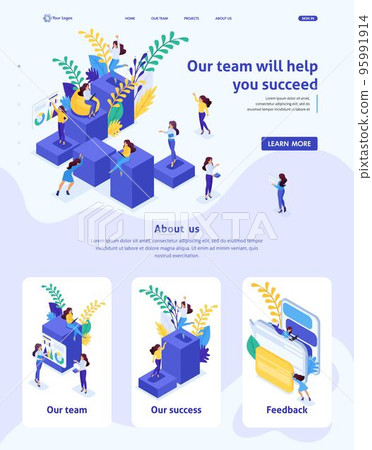 Isometric Website Template Landing page concept concept career ladder for women, success in big business. Business lady succeeds. Adaptive 3D Isometric Website Template Landing page concept concept career ladder for women, success in big business. Business lady succeeds. Adaptive 3D 95991914