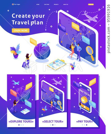 Isometric Website Template Landing page Tourists look at the globe and choose the direction to relax. Adaptive 3D Isometric Website Template Landing page Tourists look at the globe and choose the direction to relax. Adaptive 3D 95991916