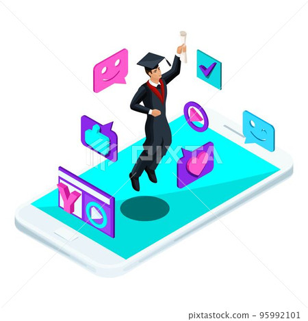Isometrics graduate male, jumping rejoices, academic clothing, diploma, mantle, shoots video blog, smileys, likes, smartphone, video broadcast Isometrics graduate male, jumping rejoices, academic clothing, diploma, mantle, shoots video blog, smileys, likes, smartphone, video broadcast 95992101