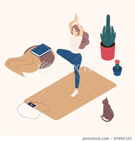 Isometric young woman in her free time, at home, practicing yoga, posture. Great concept for a blank page site, web design Isometric young woman in her free time, at home, practicing yoga, posture. Great concept for a blank page site, web design 95992103
