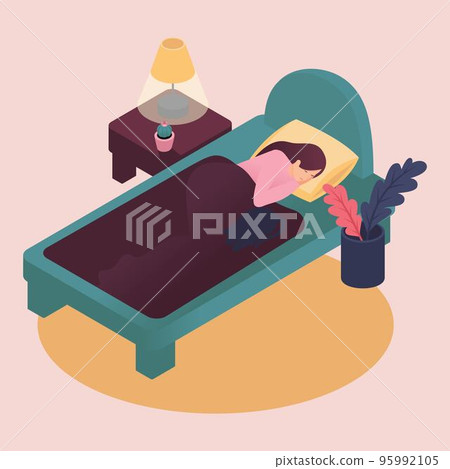 Isometric young woman sleeping alone in bed at home with cat taking care of pet. Color vector illustration in flat style Isometric young woman sleeping alone in bed at home with cat taking care of pet. Color vector illustration in flat style 95992105