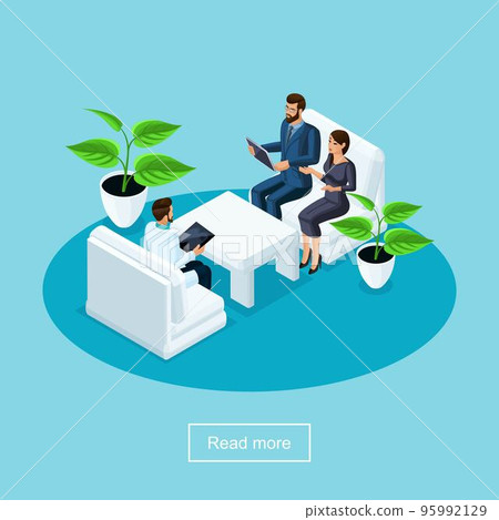 Isometrics health care and innovative technology, a hospital, a patient with his wife communicating with a surgeon and discussing the operation 95992129