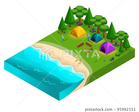Isometrics of camping, recreation of young people of generation Z on the nature, forest, sea, beach, shore of the lake, river bank, camp site. Healthy lifestyle 95992151