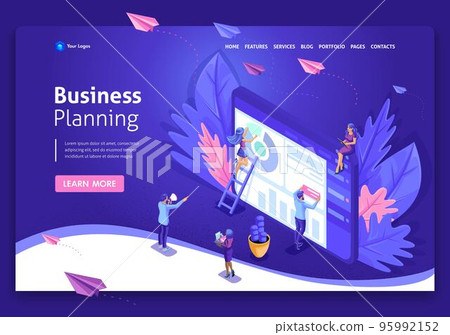 Business website template design. Isometric concept work on data collection, time management, business planning. Easy to edit and customize 95992152