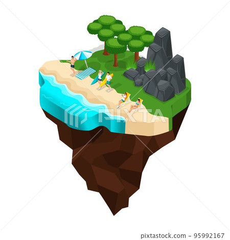 Isometrics rest on the beach, shore of the river, lakes, seas, girls sunbathe, surf, forest, mountains, stones. Big beautiful fairy island 95992167