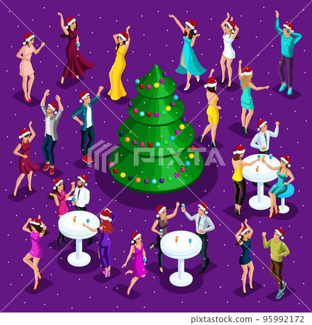 Isometric celebration of Christmas, 3d dancing, happiness of a man and a woman are having fun, festive Christmas tree in the center, corporate party, night club Isometric celebration of Christmas, 3d dancing, happiness of a man and a woman are having fun, festive Christmas tree in the center, corporate party, night club 95992172