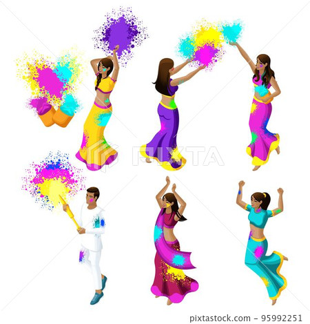 Isometric collection of young people of India celebrating a festival of colors, colored powder, girl, guys, jump, blossom, happiness 95992251