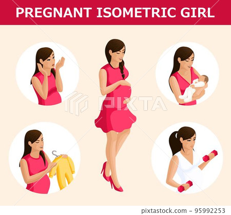 Qualitative Isometry, a set of 3D pregnant women in different situations, with emotional gestures, a basis for infographics 95992253