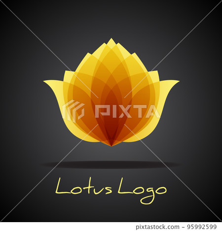 Golden lotus logo. Design flower symbol. Vector organic floral emblem template. Natural brand style of spa, cosmetics or beauty salon Golden lotus logo. Design flower symbol. Vector organic floral emblem template. Natural brand style of spa, cosmetics or beauty salon 95992599
