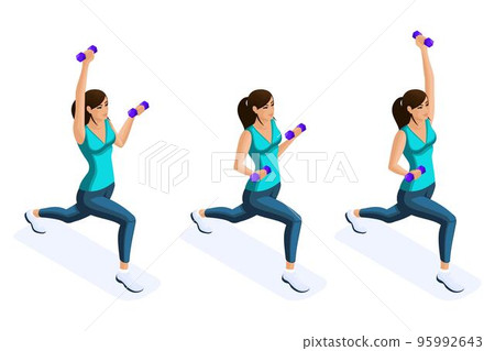 Isometry of a girl engaged in sports, lunges with dumbbells, gymnastics, beautiful girls with sports figures 95992643