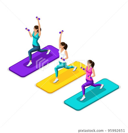 Isometry of the girl make a lunging with dumbbells, athletes in bright beautiful suits, fitness, gym. Healthy lifestyle Isometry of the girl make a lunging with dumbbells, athletes in bright beautiful suits, fitness, gym. Healthy lifestyle 95992651