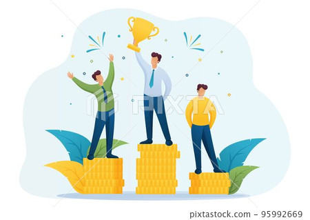 Concept of success of the entrepreneur in business, leadership, awards, success of the businessman. Flat 2D character. Concept for web design 95992669