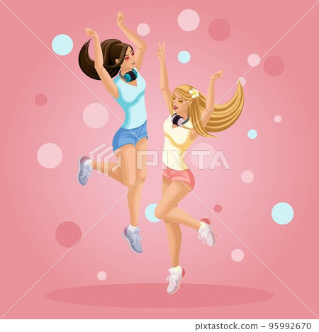 Isometrics young girls are happy, jumping, having fun, hair developing in the wind teenager, generation Z, bright background summer clothes Isometrics young girls are happy, jumping, having fun, hair developing in the wind teenager, generation Z, bright background summer clothes 95992670