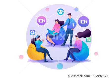 Group of young people communicate, video broadcast on the Internet, online conference. Flat 2D character. Concept for web design 95992675