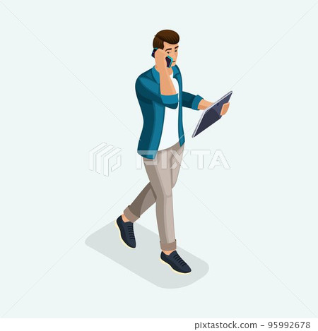 Isometric a young man goes ahead, business negotiations by phone and tablet. The emotional gestures of the people 95992678