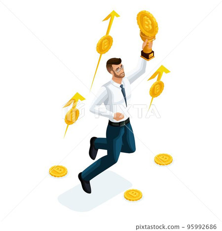 Isometric businessman, investor, financial market player, earned money invested in Ethereum Crypto Currency, ICO, Bitcoin 95992686