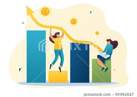 Young girls create a profitable business and increase revenues, profit growth, income analysis. Flat 2D character. Concept for web design 95992687