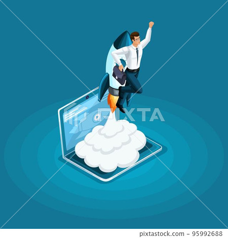 Isometric businessman blast-off, launch ICO project start-UPS, aiming for the top, to achieve the purpose 95992688