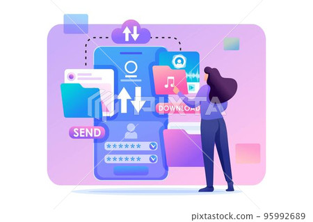 Young girl interacting with the data storage, downloads and uploads files to the cloud. Flat 2D character. Concept for web design 95992689