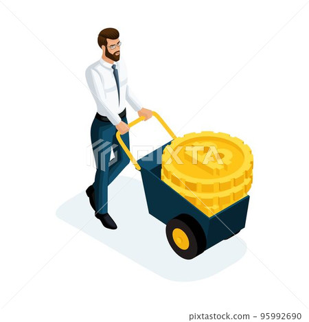 Isometric businessman carrying large gold coins Crypto Currency, Bitcoin concept of saving money. Vector illustration of a financial investor 95992690