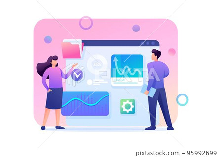Young team of entrepreneurs engaged in business analysis on a large tablet. Flat 2D character. Concept for web design 95992699