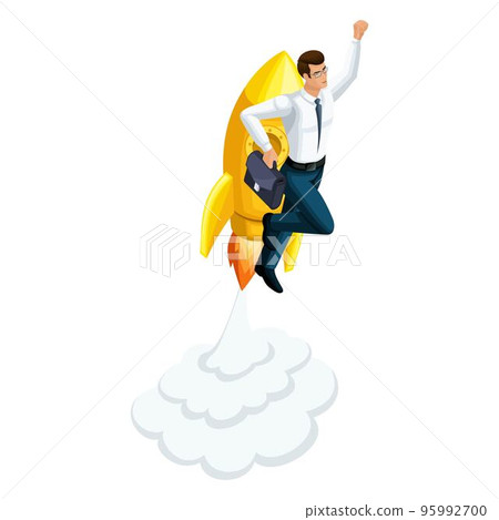 Isometric businessman pouring up, rocket flying upward, symbol of freedom and wealth, succeed, launch a startup ICO 95992700