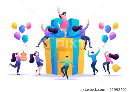 Big birthday Party with friends. People celebrate, drink champagne and have fun on a big gift. Flat 2D character. Concept for web design 95992701