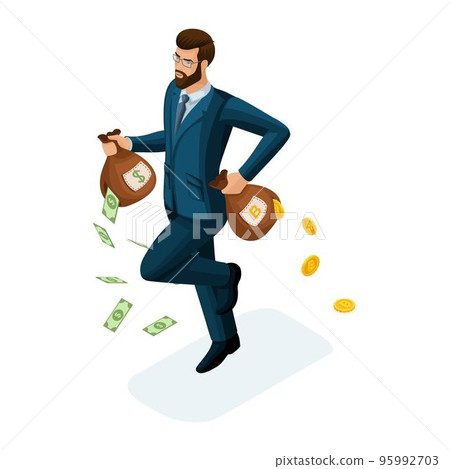 Isometric businessman runs, runs away, loses money, the concept of losing money trying to save investments. Vector illustration of a financial investor 95992703