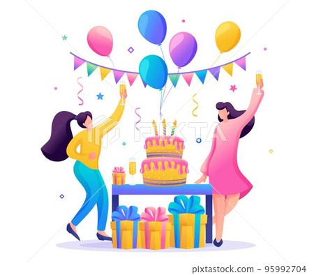 Birthday party with friends. People carry gifts, balloons, a large cake with candles, dance and celebrate the holiday. Flat 2D character. Concept for web design 95992704