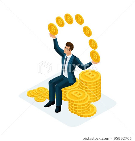 Isometric businessman sitting on a big pile of money and tossing gold coins Crypto Currency, Bitcoin. Vector illustration of a financial investor 95992705
