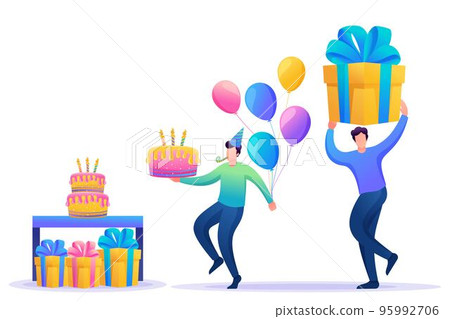 Birthday party with friends. People carry gifts, cake and balloons. Vivid illustration. Flat 2D character. Concept for web design 95992706