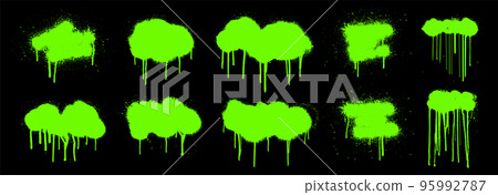 Toxic spray graffiti set. Grunge splashes paint with smudges and drops Toxic spray graffiti set. Grunge splashes paint with smudges and drops 95992787