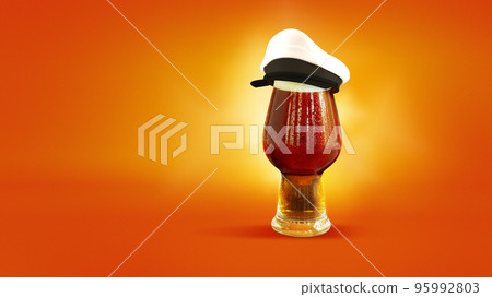 Seaman. Full glass of frothy dark beer wearing sailor cap isolated over gradient orange background in neon light. Concept of alcohol, jobs, drinks, holidays and festivals. 95992803