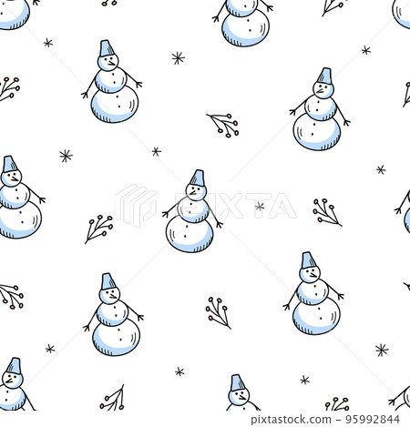 Seamless Pattern Cute cartoon snowman, vector illustration of doodle style. Christmas background, winter wallpaper Seamless Pattern Cute cartoon snowman, vector illustration of doodle style. Christmas background, winter wallpaper 95992844