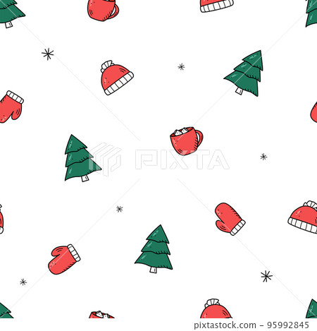 Seamless doodle pattern elements of christmas elements hot chocolate, winter warm clothes, scarf and hat, mittens, Christmas tree. Seamless doodle pattern elements of christmas elements hot chocolate, winter warm clothes, scarf and hat, mittens, Christmas tree. 95992845