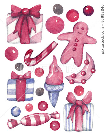 Festive set. Watercolor isolated illustration of Christmas gifts and sweets Festive set. Watercolor isolated illustration of Christmas gifts and sweets 95992846