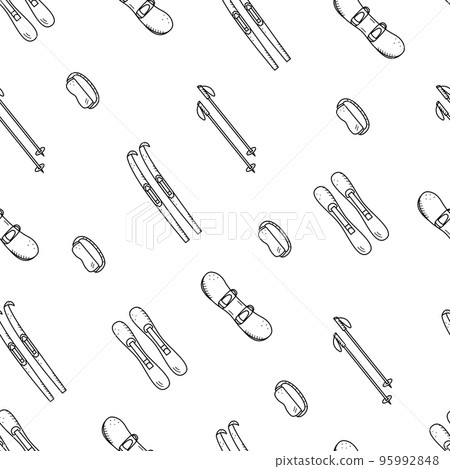 Seamless doodle pattern elements of winter active sports, skiing with sticks, downhill skiing, snowboarding Seamless doodle pattern elements of winter active sports, skiing with sticks, downhill skiing, snowboarding 95992848