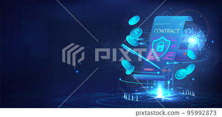 3D hologram with Smart contract and Earth Globe. Banner template 95992873