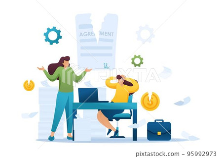 Termination of the contract, broke the agreement partners, business lady in shock. Flat 2D character. Concept for web design Termination of the contract, broke the agreement partners, business lady in shock. Flat 2D character. Concept for web design 95992973