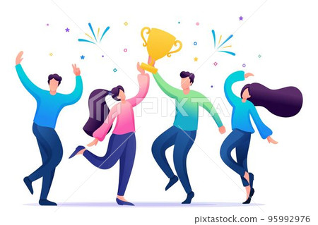 The business team celebrates success. People jump and rejoice at the prize, the Cup. Flat 2D character. Concept for web design 95992976